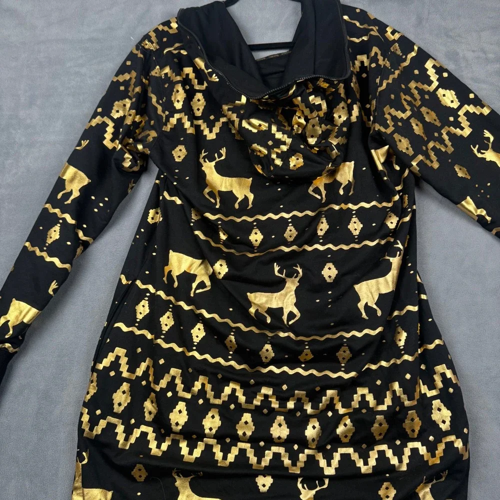 Tipsy Elves Mens XL Black Gold Metallic Reindeer Fair Isle Hooded Jumpsuit - Picture 10 of 11